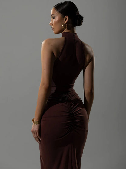 Adelina | Halter Ruched Sleeveless Sexy Maxi Dress