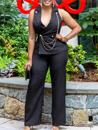 Mavis | Sleeveless V-Neck Straight Pants Rompers