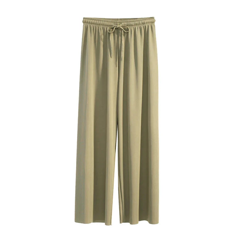 Women Ankle-Length Wide Leg Pants Casual Summer Solid Elastic Waist Loose Ice Silk Pants Spring Summer Female Trousers - TrendHavenCo