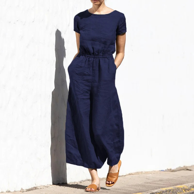 Jazlyn | O Neck Short Sleeve High Waist Wide Leg Pants