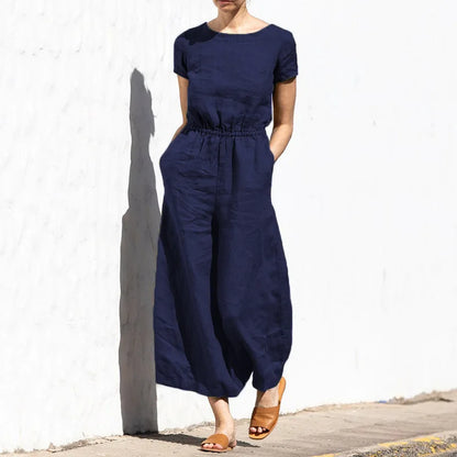 Jazlyn | O Neck Short Sleeve High Waist Wide Leg Pants