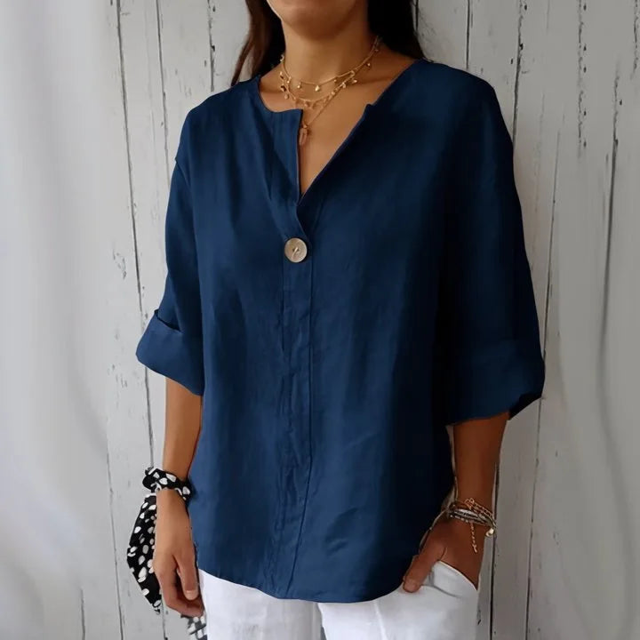 Aliyah | Women's Loose Shirt V-neck Button Top - TrendHavenCo