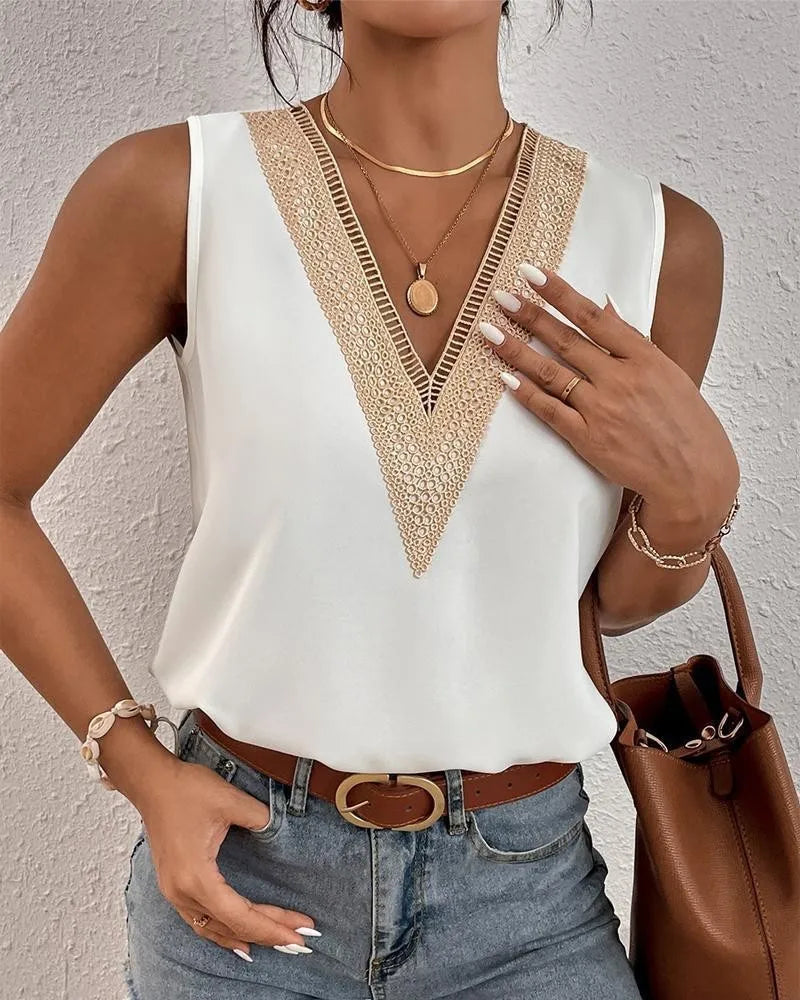 Fashion V-neck Lace Patchwork Women Tops And Blouses 2023 Summer White Casual Sleeveless Tank Top Femme Blouse Shirt - TrendHavenCo