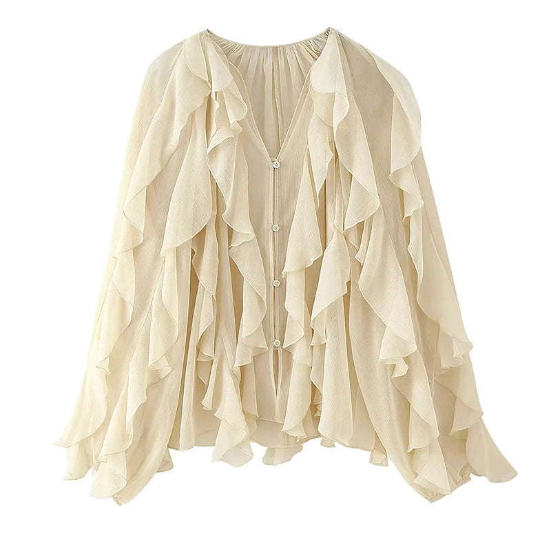Azalea | Sexy Semi-sheer Ruffle Shirt Long Sleeve Blouse