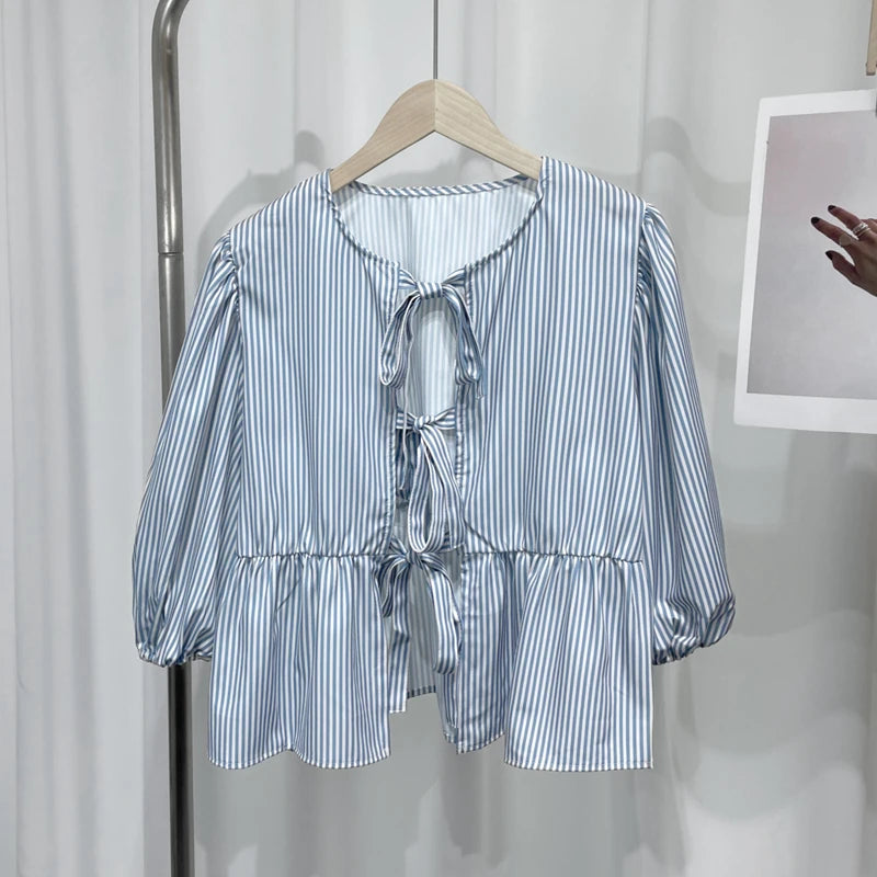 Eummie | Elegant Stripe Bow Lace Up Blouse - TrendHavenCo