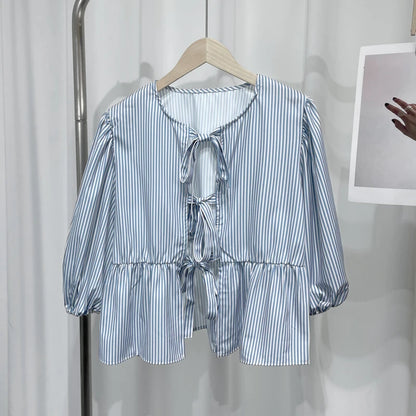 Eummie | Elegant Stripe Bow Lace Up Blouse - TrendHavenCo