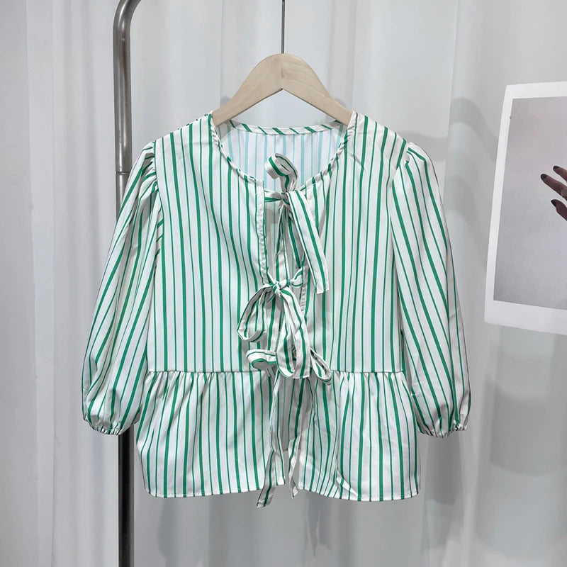 Eummie | Elegant Stripe Bow Lace Up Blouse - TrendHavenCo