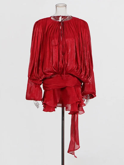 Scarlet | V Neck Long Sleeve Spliced Lace Up Dress