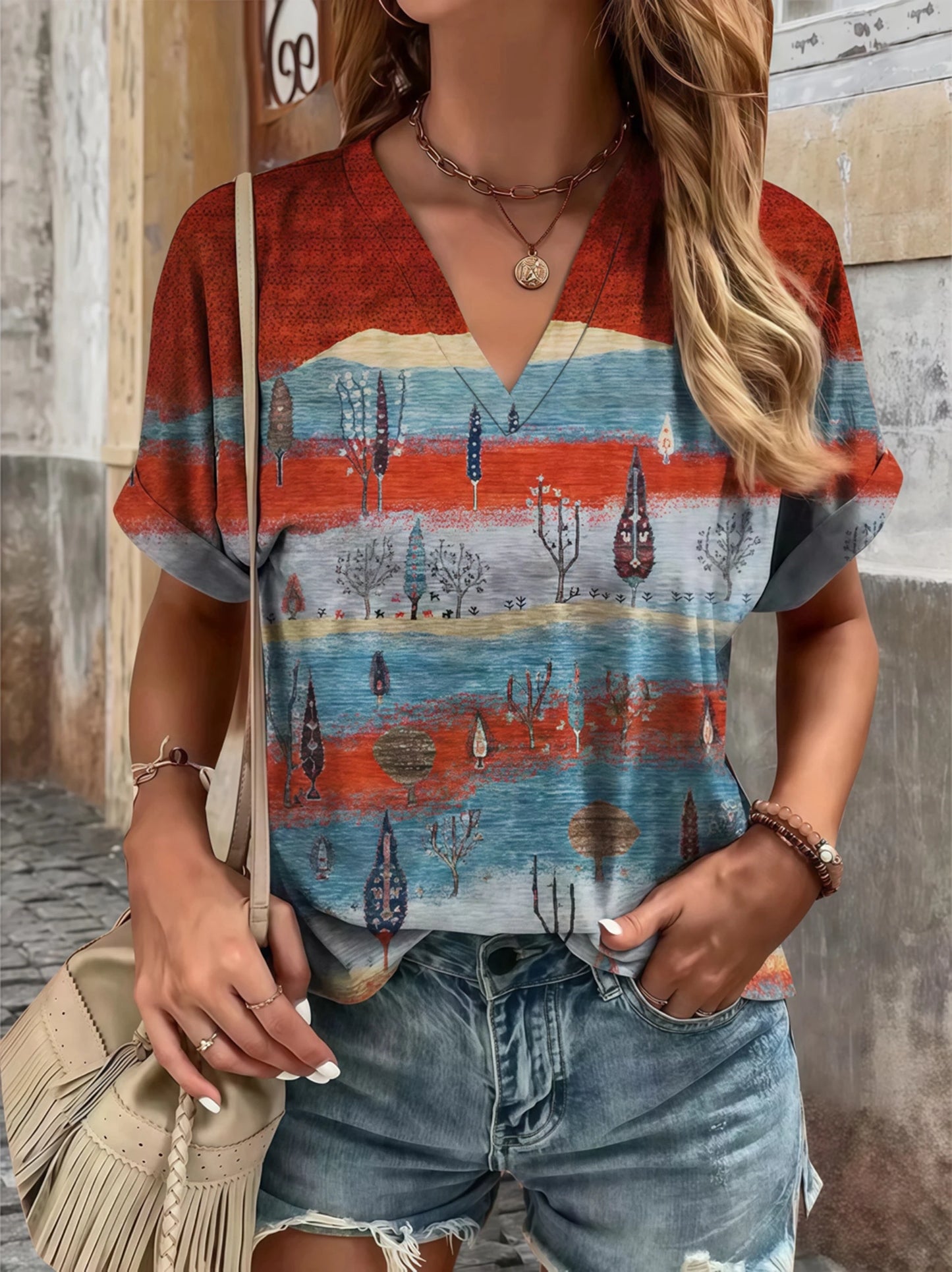 Naomi | Plus Size V-Neck Fold Sleeve T-Shirt - TrendHavenCo