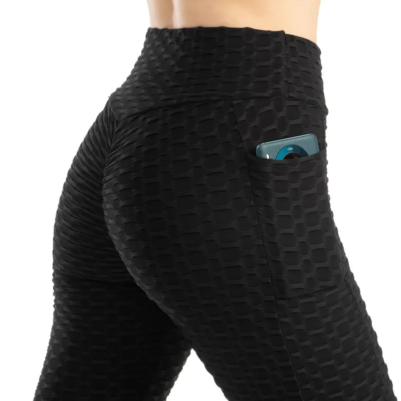 Women Fashion Pocket Bubble Pants Stretchy Slim Leggings Gym Running Cycling Fitness Pants High Waist Hip Lift Leggings Female - TrendHavenCo