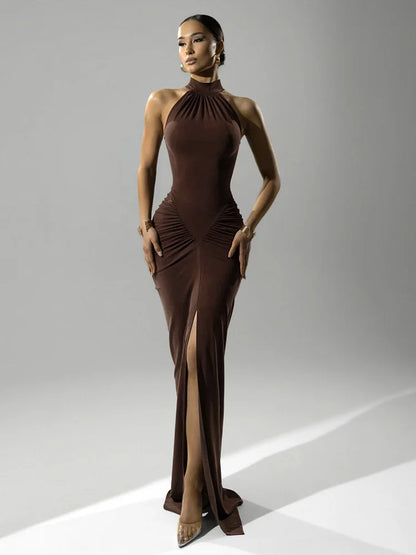 Adelina | Halter Ruched Sleeveless Sexy Maxi Dress