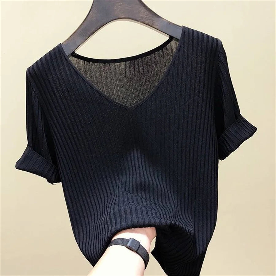 Alivia | Short Sleeve Blouse V-Neck Knitted Blouse