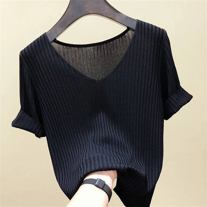Alivia | Short Sleeve Blouse V-Neck Knitted Blouse