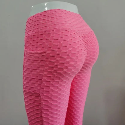 Women Fashion Pocket Bubble Pants Stretchy Slim Leggings Gym Running Cycling Fitness Pants High Waist Hip Lift Leggings Female - TrendHavenCo