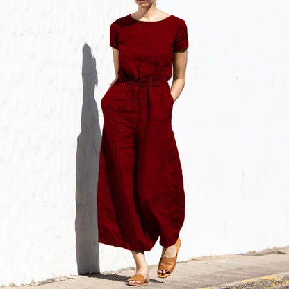 Jazlyn | O Neck Short Sleeve High Waist Wide Leg Pants