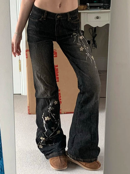 Weekeep Floral Embroidery Jeans Vintage 2000s Low Rise Flared Jeans Women Retro y2k Baggy Denim Pants High Street Basic Trousers - TrendHavenCo