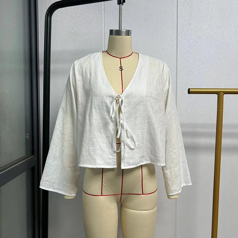 Arabelle | Street Tops Linen Lace Up Long Sleeve - TrendHavenCo