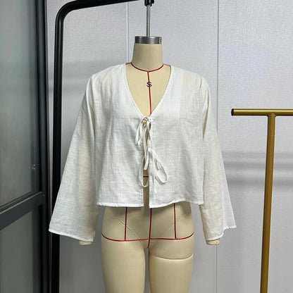 Arabelle | Street Tops Linen Lace Up Long Sleeve - TrendHavenCo