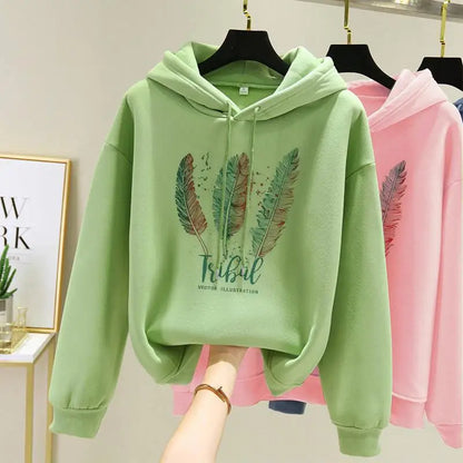 Arya | Feather Printed Hoodies Loose Sweatshirt