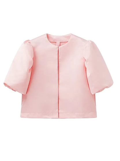 Women's Elegant Solid O-neck Satin Short Shirt Fashion Hidden Buttons Puff Half Sleeved Loose Tops New 2025 Ladies Chic Clothing - TrendHavenCo