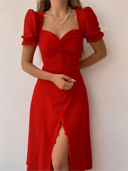 Camille | Short Sleeve Single-breasted Midi Dress