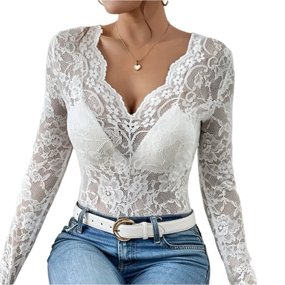 Rhea | Sexy Lace Elegant V Neck Slim Top - TrendHavenCo
