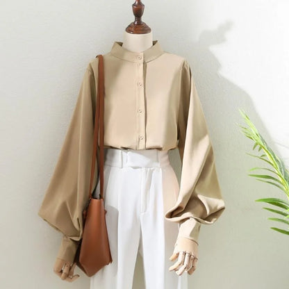 Aubree | Long Lantern Sleeve Stand Collar Loose Blouse