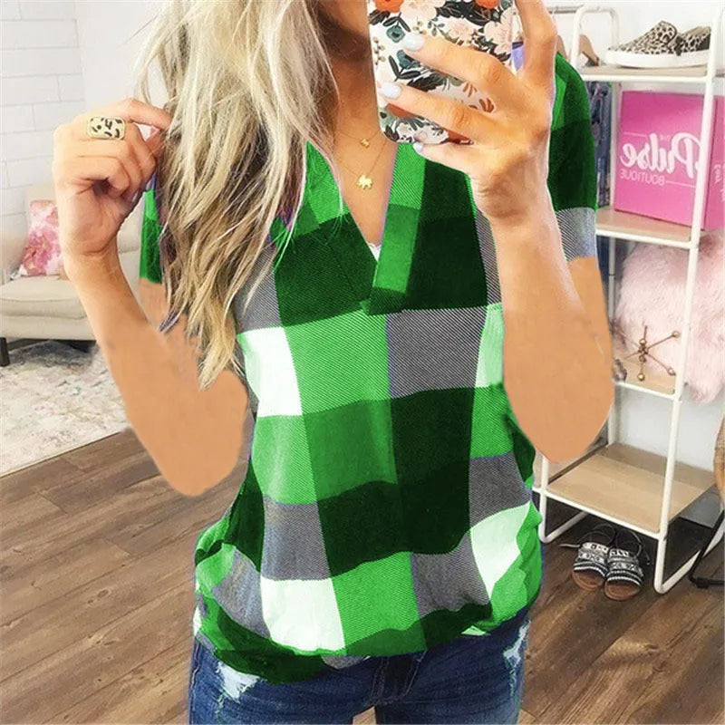 Maria | Short Sleeve Shirt V Neck Plaid Shirts - TrendHavenCo