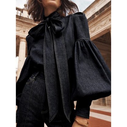 Elaine | Long Puff Sleeves Bow-Embellished Shirts