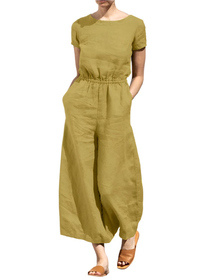 Jazlyn | O Neck Short Sleeve High Waist Wide Leg Pants