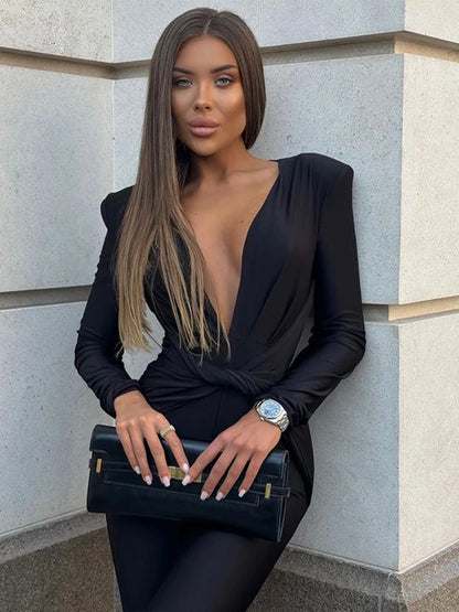 Vienna | Sexy Deep V-neck Ruched Jumpsuit