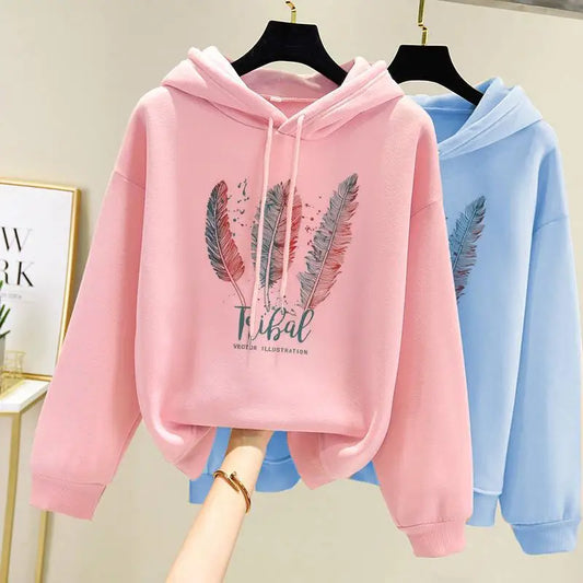 Arya | Feather Printed Hoodies Loose Sweatshirt