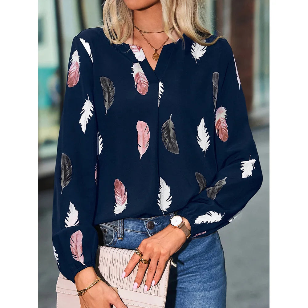 Fashion Women Temperament Elegant V-neck Shirt Long Sleeve Feather Painting Printed Loose Elegant Chiffon Flared Sleeve T Shirt - TrendHavenCo