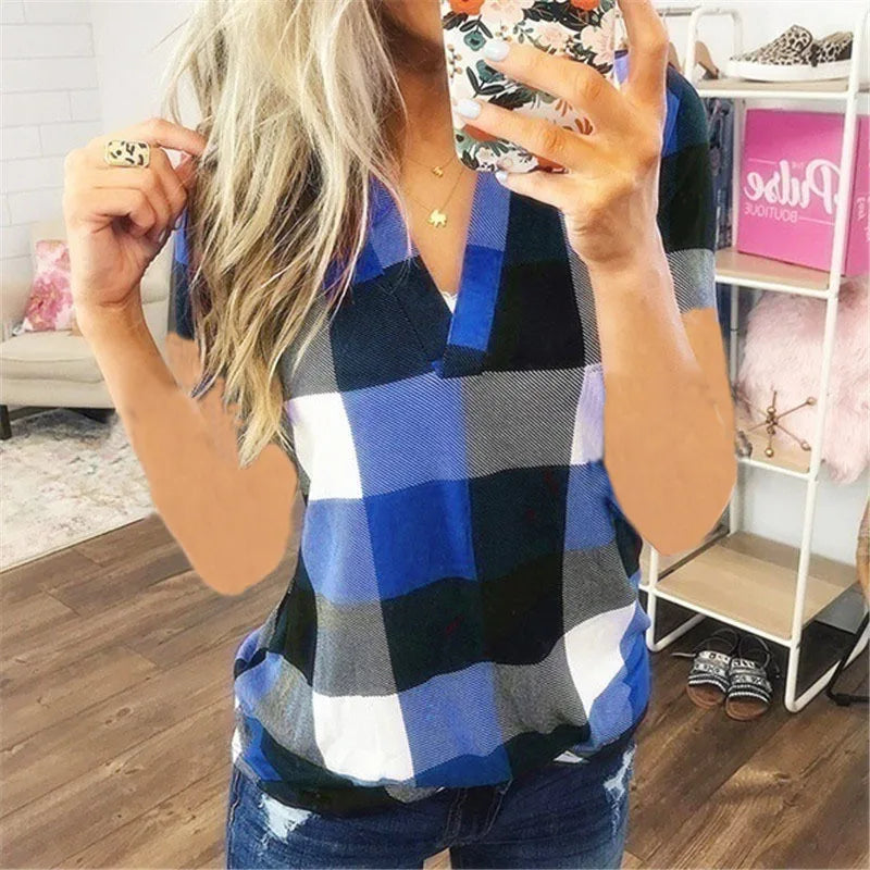 Maria | Short Sleeve Shirt V Neck Plaid Shirts - TrendHavenCo