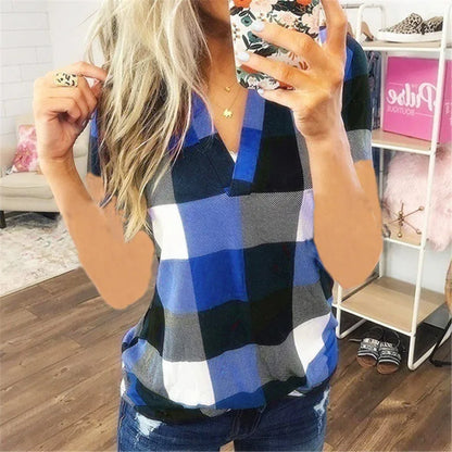 Maria | Short Sleeve Shirt V Neck Plaid Shirts - TrendHavenCo