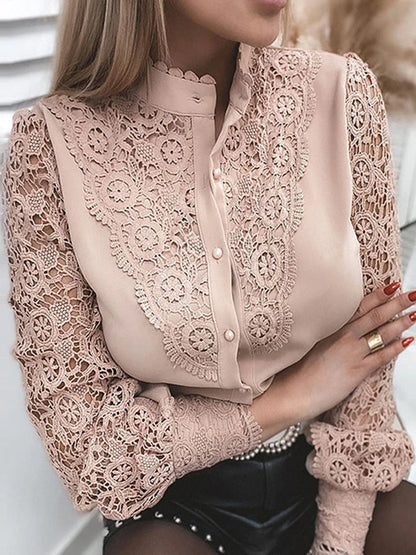 Wynter | White Collared Lace Patchwork Hollow Out Tops