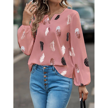 Fashion Women Temperament Elegant V-neck Shirt Long Sleeve Feather Painting Printed Loose Elegant Chiffon Flared Sleeve T Shirt - TrendHavenCo