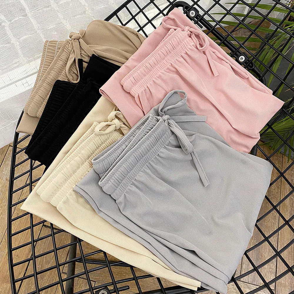 Women Ankle-Length Wide Leg Pants Casual Summer Solid Elastic Waist Loose Ice Silk Pants Spring Summer Female Trousers - TrendHavenCo