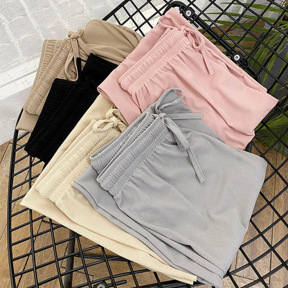 Women Ankle-Length Wide Leg Pants Casual Summer Solid Elastic Waist Loose Ice Silk Pants Spring Summer Female Trousers - TrendHavenCo