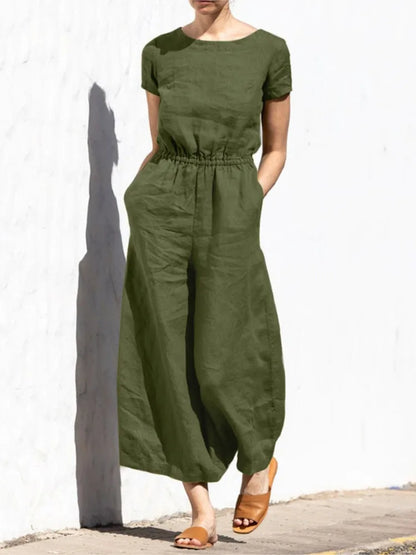 Jazlyn | O Neck Short Sleeve High Waist Wide Leg Pants