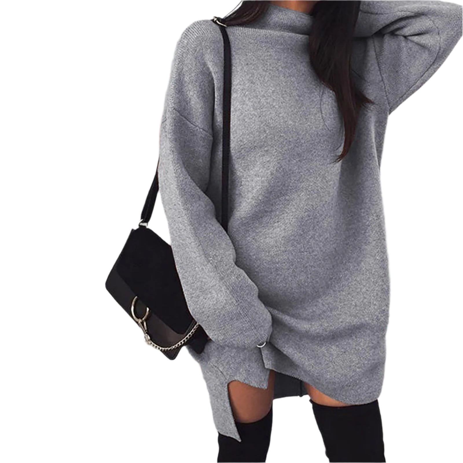 2024 Women Casual Turtleneck Long Sleeve Sexy Mini Dress Solid Color Loose Evening Party Dresses Elegant Glamorous Daily Costume - TrendHavenCo