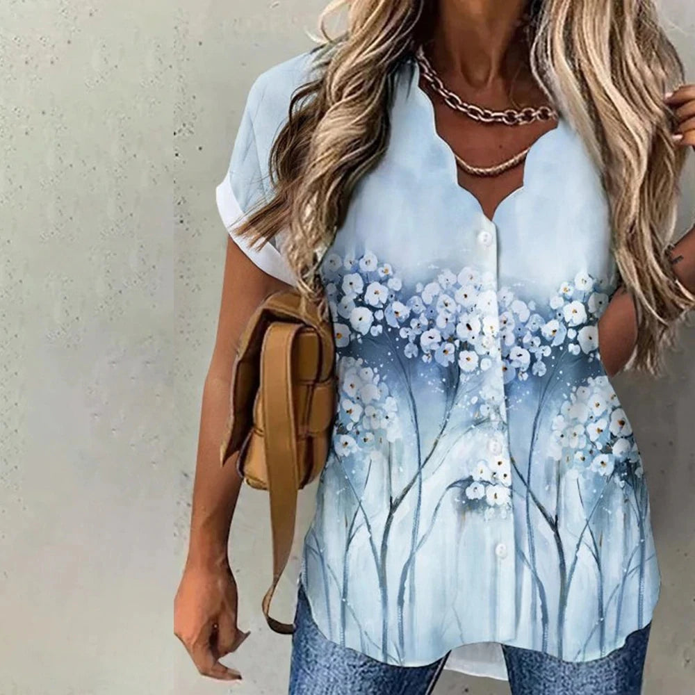 Women Shirt Floral Daily Weekend Floral Blouse Shirt Women Short Sleeve Button Print V Neck Casual Tops - TrendHavenCo