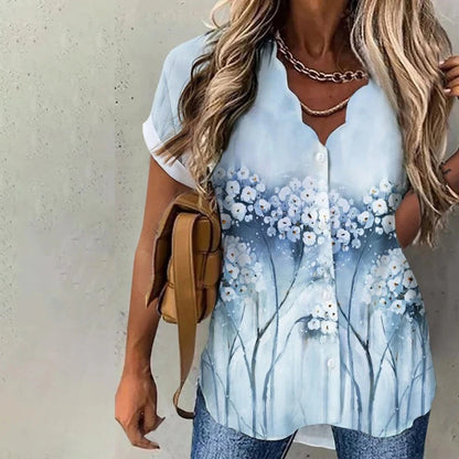 Women Shirt Floral Daily Weekend Floral Blouse Shirt Women Short Sleeve Button Print V Neck Casual Tops - TrendHavenCo