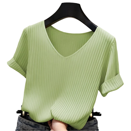 Alivia | Short Sleeve Blouse V-Neck Knitted Blouse