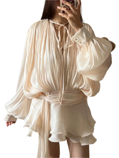 Scarlet | V Neck Long Sleeve Spliced Lace Up Dress