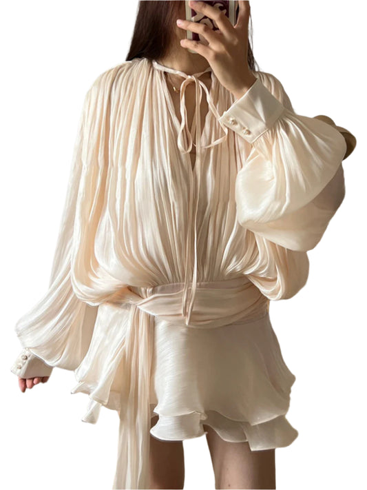 Scarlet | V Neck Long Sleeve Spliced Lace Up Dress