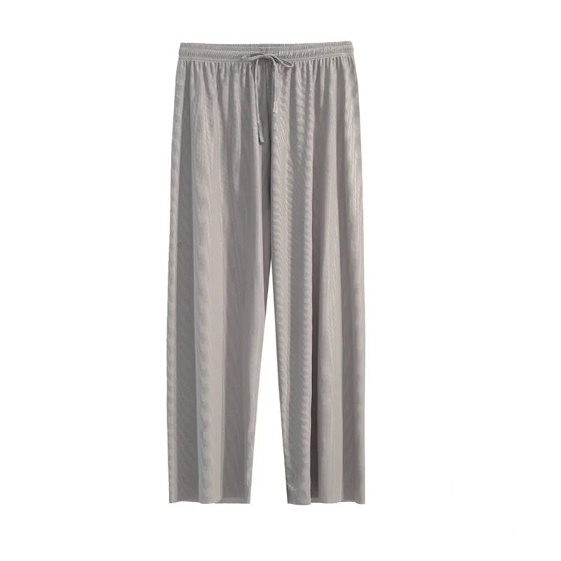 Women Ankle-Length Wide Leg Pants Casual Summer Solid Elastic Waist Loose Ice Silk Pants Spring Summer Female Trousers - TrendHavenCo