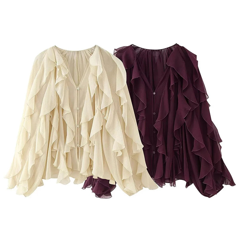Azalea | Sexy Semi-sheer Ruffle Shirt Long Sleeve Blouse