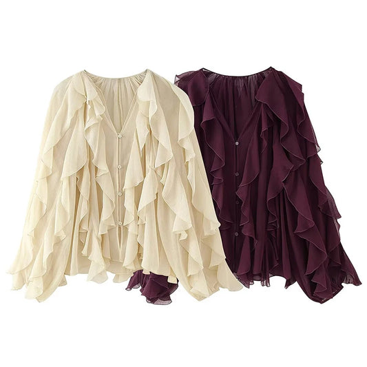 Azalea | Sexy Semi-sheer Ruffle Shirt Long Sleeve Blouse