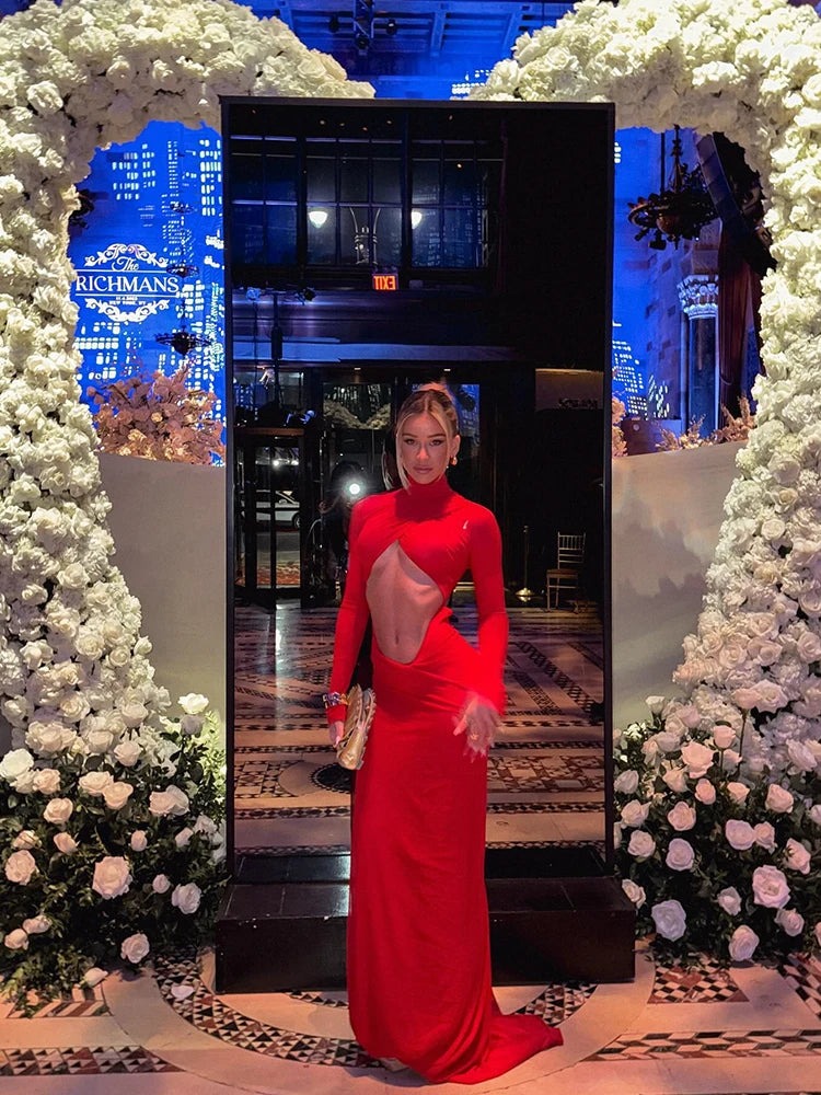 Party Dresses For Women Fashion Sexy Streetwear Solid Hollow Out Turtleneck Full Sleeves Slim Elegant Long Vestidos Robes Female - TrendHavenCo